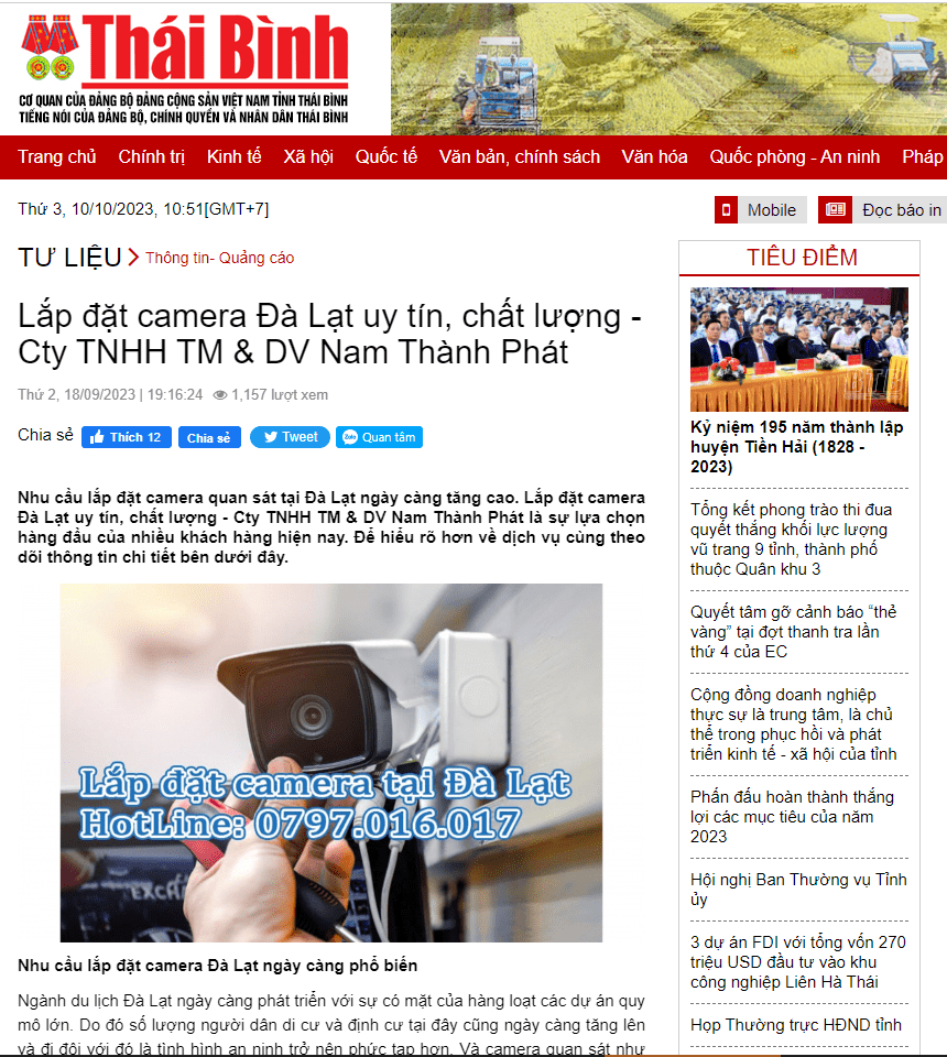 Nam Thành Phát lên báo Thái Bình - Đơn vị thi công lắp đặt camera Uy tín - Chất lượng tại Đà Lạt